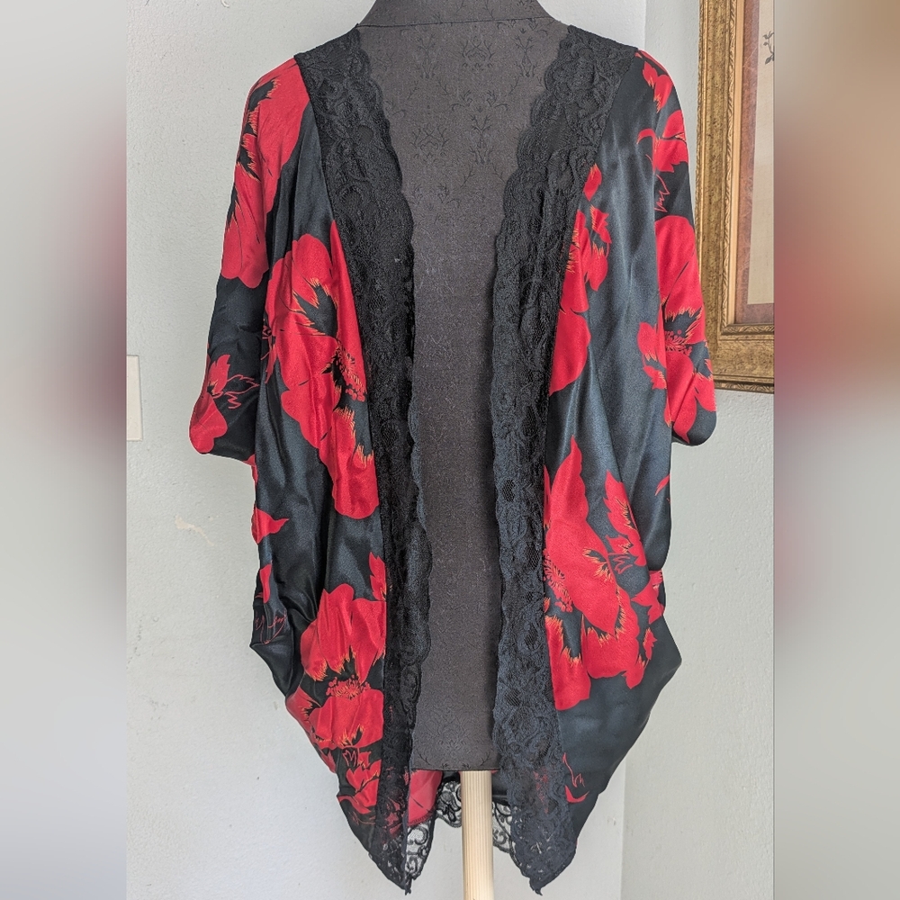 Vintage Satin Dark Floral Bed Jacket Duster